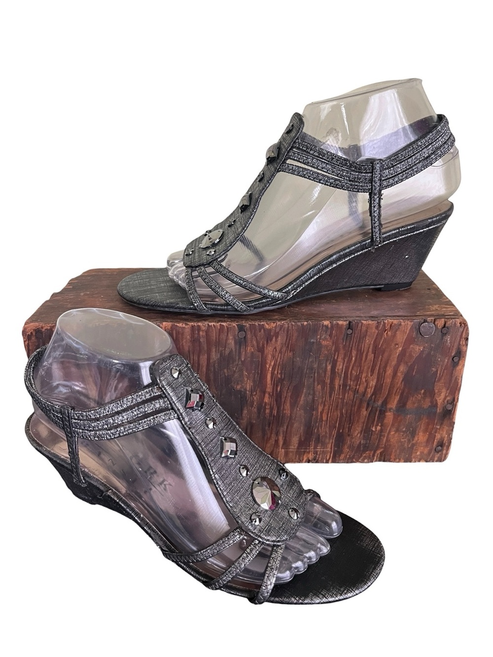 New York Transit silver metallic strappy wedge sandals